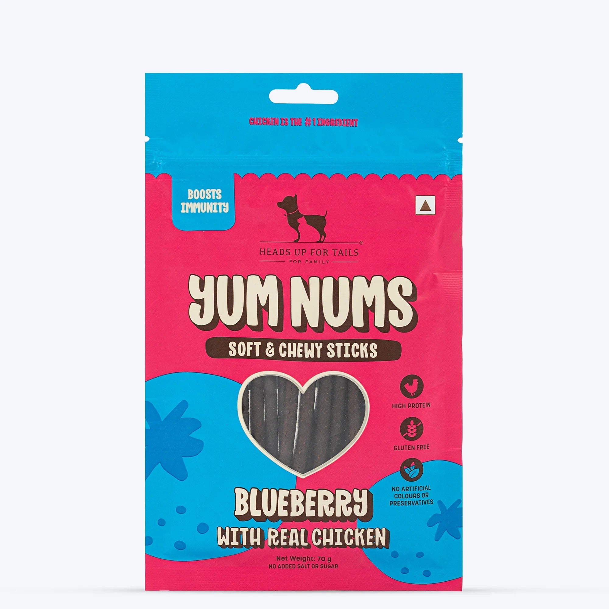 HUFT Yum Nums Dog Treats Soft & Chewy Sticks Blueberry With Real Chicken - 70 gm