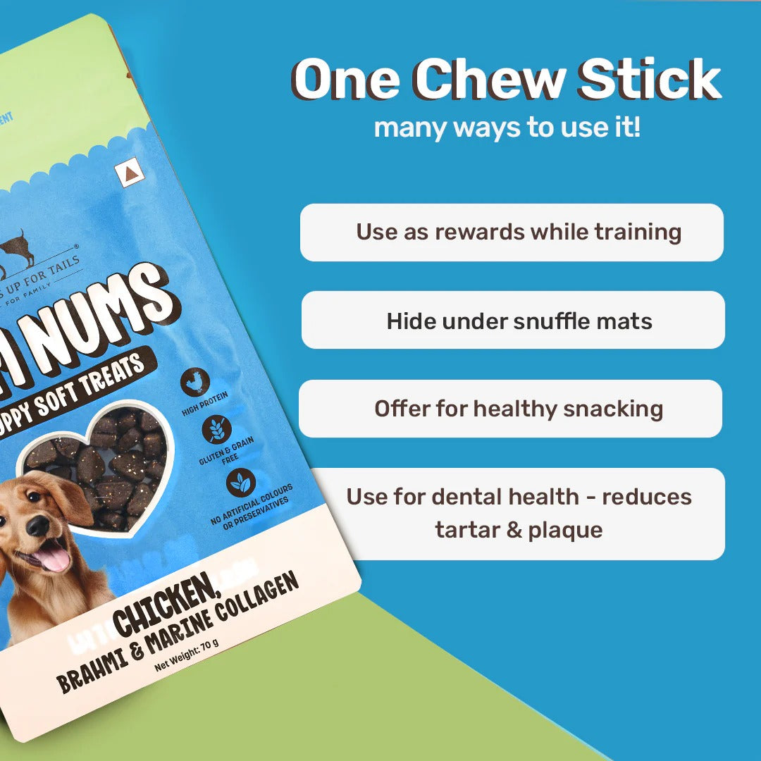 HUFT Yum Nums Puppy Treats Soft & Chewy Sticks Brahmi & Marine Collagen With Chicken- 70 gm