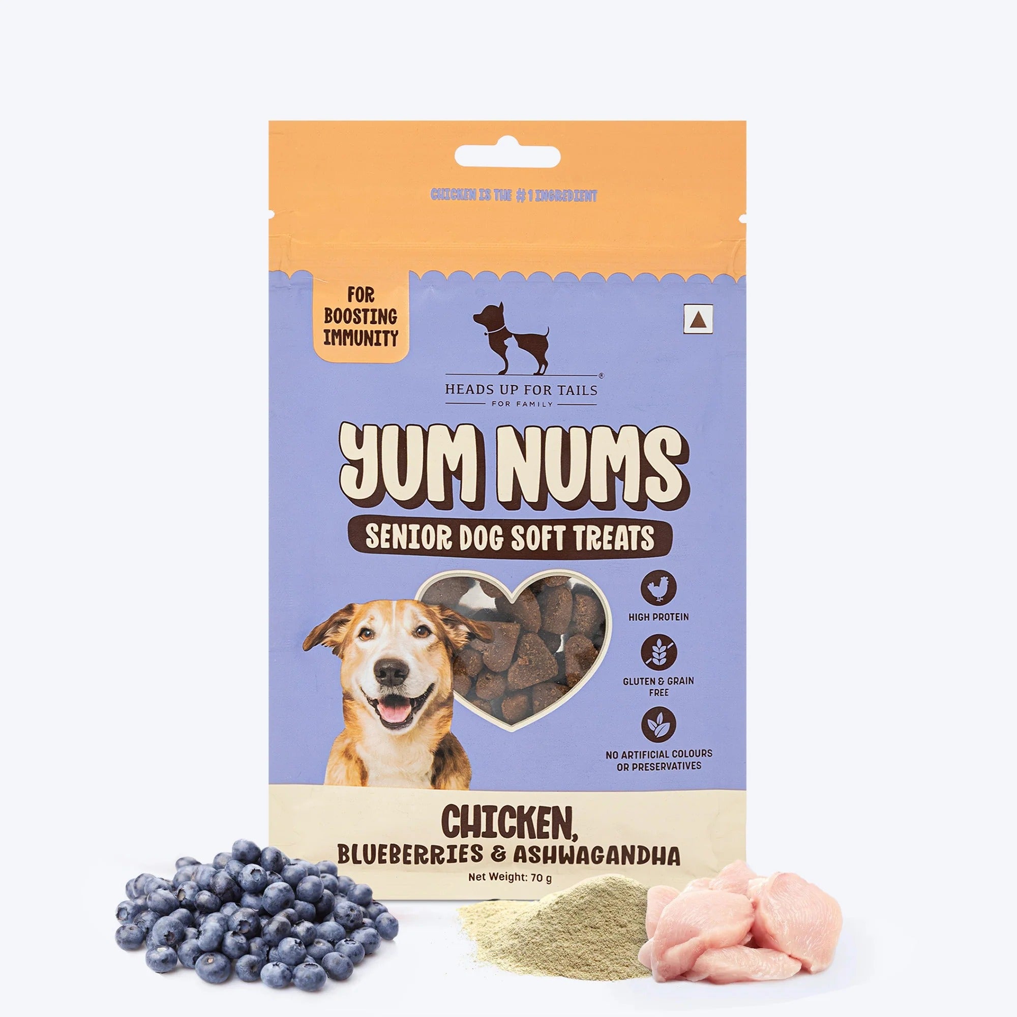 HUFT Yum Nums Senior Dog Treats Soft & Chewy Sticks Blueberries & Ashwagandha With Chicken - 70 gm