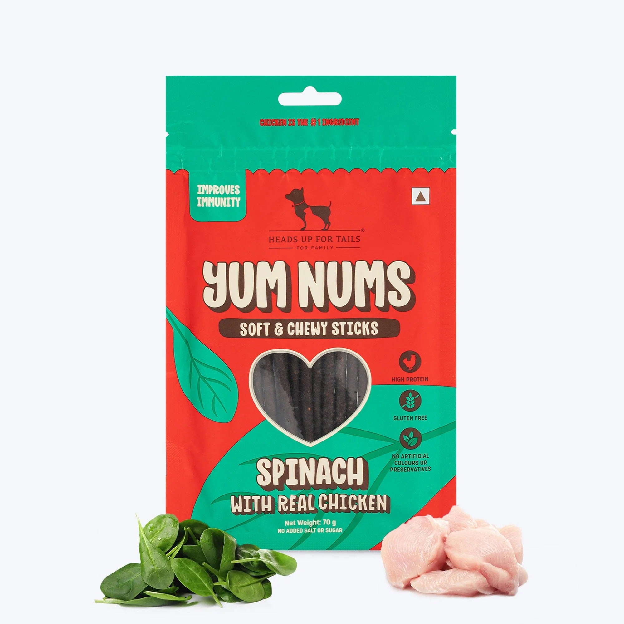 HUFT Yum Nums Dog Treats Soft & Chewy Sticks Spinach With Real Chicken - 70 gm
